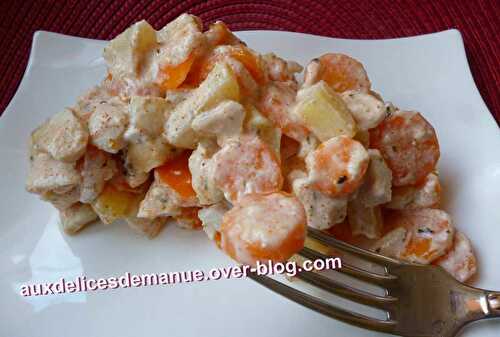 Gratin de poulet aux pommes de terre carottes sauce fromage blanc
