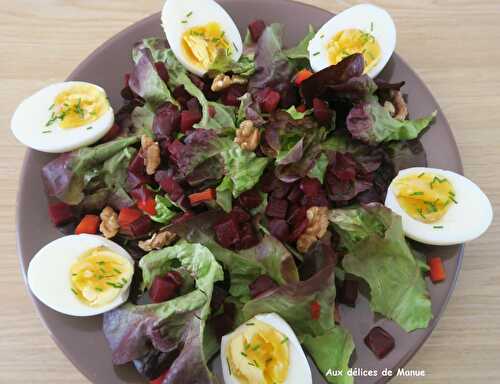 Salade verte à la betterave, poivron, noix et œufs durs