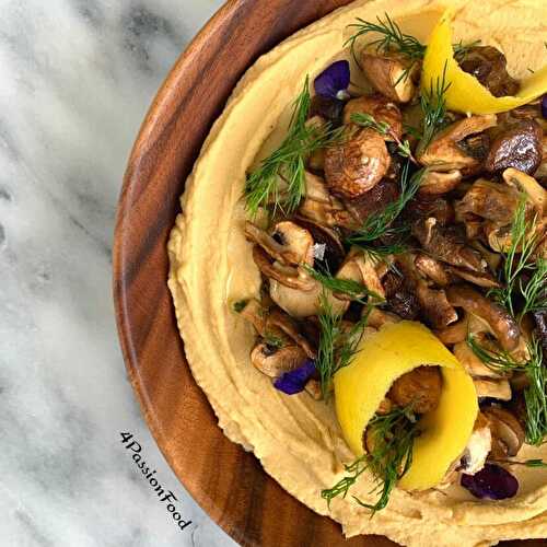 Houmous à l'ail confit et champignons grillés - Ottolenghi