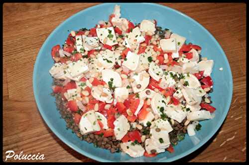 Salade de lentilles, poivron rouge, oignon, chèvre