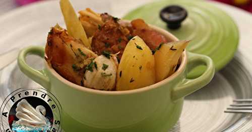 Chapon contisé au Saint-Agur, pommes, poires au thym citron et orange