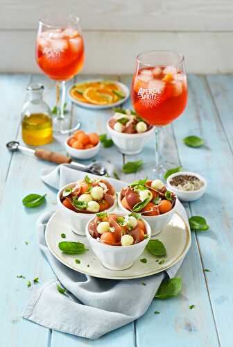 Salade de billes de melon fromage de chèvre et jambon de montagne