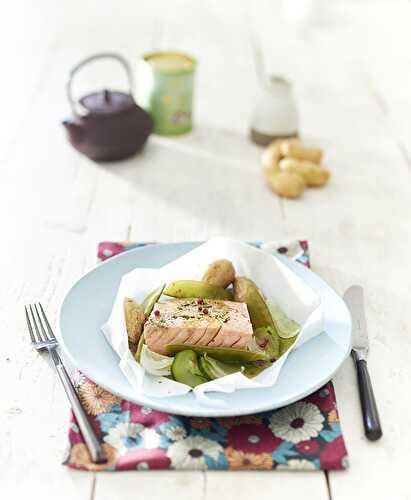 Papillote de saumon infusée au thé matcha et Ratte du Touquet...