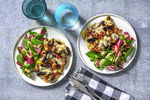 Gratin montagnard au Saint-Nectaire avec des lardons, champignons & carottes