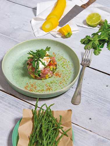 Tartare de courgettes et veau à la salicorne