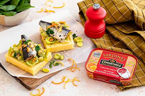 Tarte polenta à la fondue de poireaux, sardines aux écorces d’orange et de citron Connétable