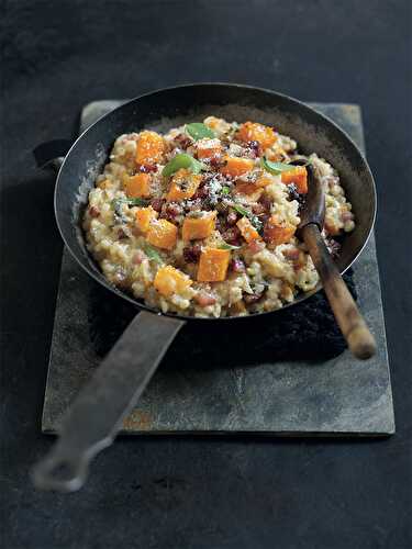 Risotto à l’orge, à la courge butternut et à la pancetta au Parmigiano Reggiano