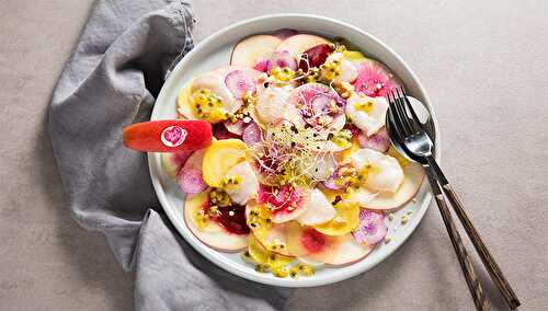 Carpaccio de pommes et betteraves multicolores, Saint-Jacques passion-miel