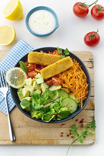 Buddha Bowl et bâtonnets de poisson pané Croustibat