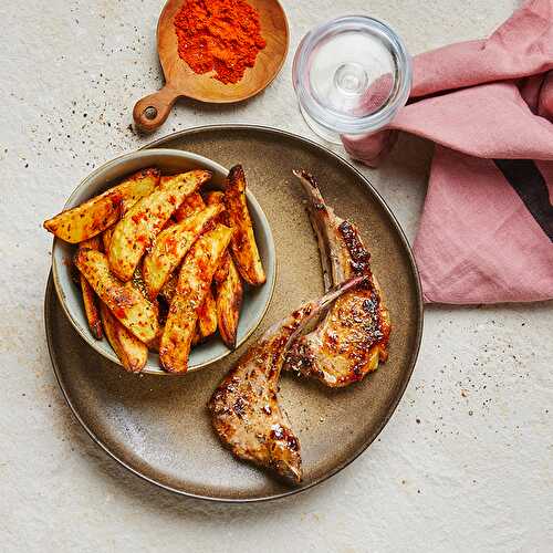 Côtelettes d’agneau à la moutarde et au miel, frites maison au paprika