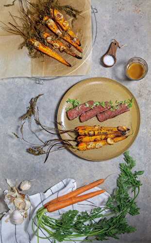 Carottes de créances et rumsteck de bœuf rôti au beurre d’Isigny