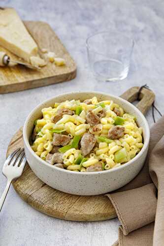 Coquillettes au veau et aux poireaux