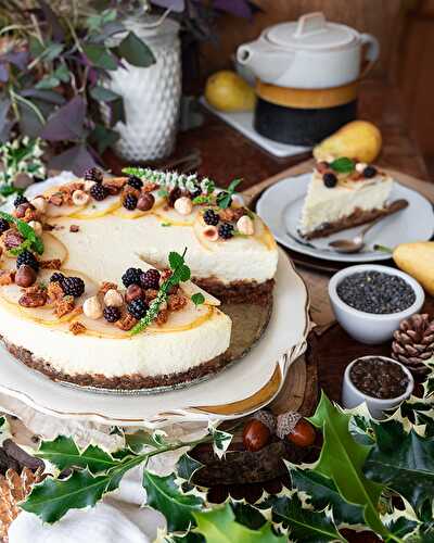 Cheesecake à la crème de lentilles confites & poire