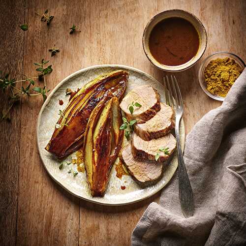 Endives braisées au curry et au miel, tranches de filet mignon