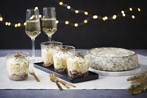 Verrine de confit de canard, perles Alpina, Tomme de montagne à la truffe d’été Pochat & Fils