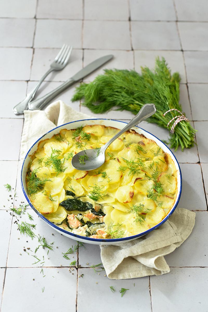 Gratin de Pompadour Label Rouge, saumon et épinards à l’aneth