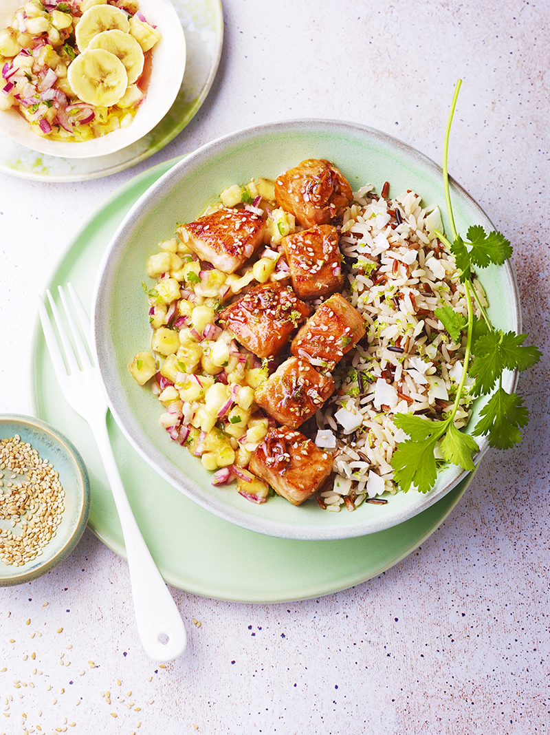 Bowl Saumon laqué et salsa de banane