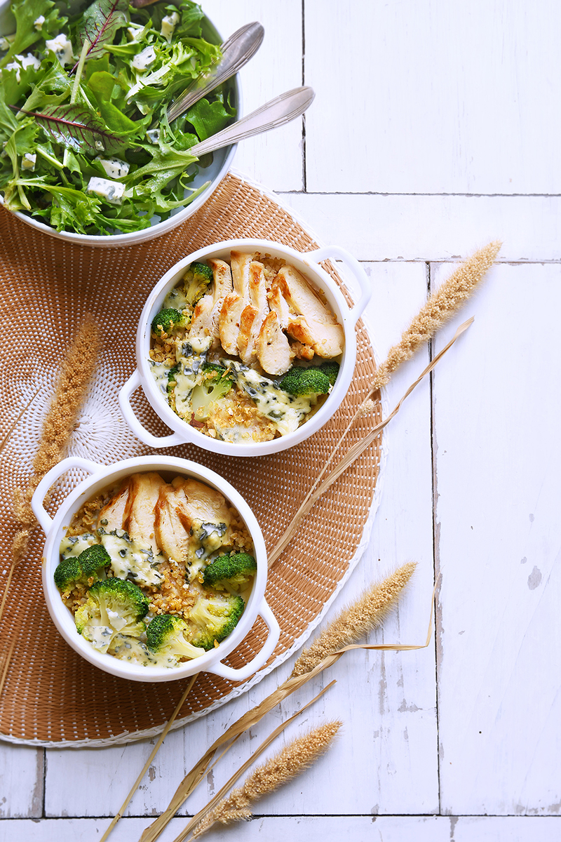 Gratin de brocoli boulgour et fourme d’Ambert