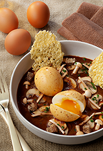 Œufs mollets aux champignons, sauce au Porto et tuiles de brebis