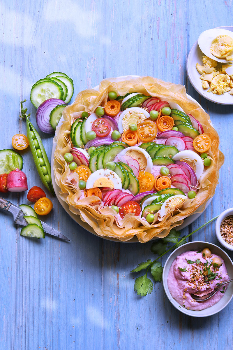 Tarte de légumes et son houmous au fromage frais