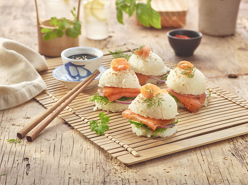Mini sushi burgers au saumon PAS FUMÉ Poivre doux MOWI®