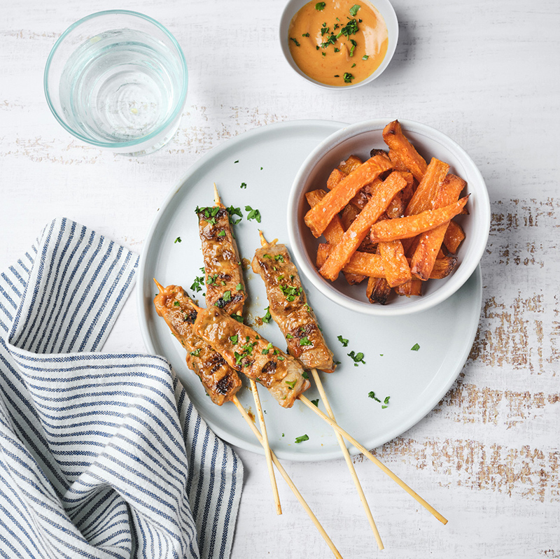 Brochettes d’agneau, ketchup et patates douces