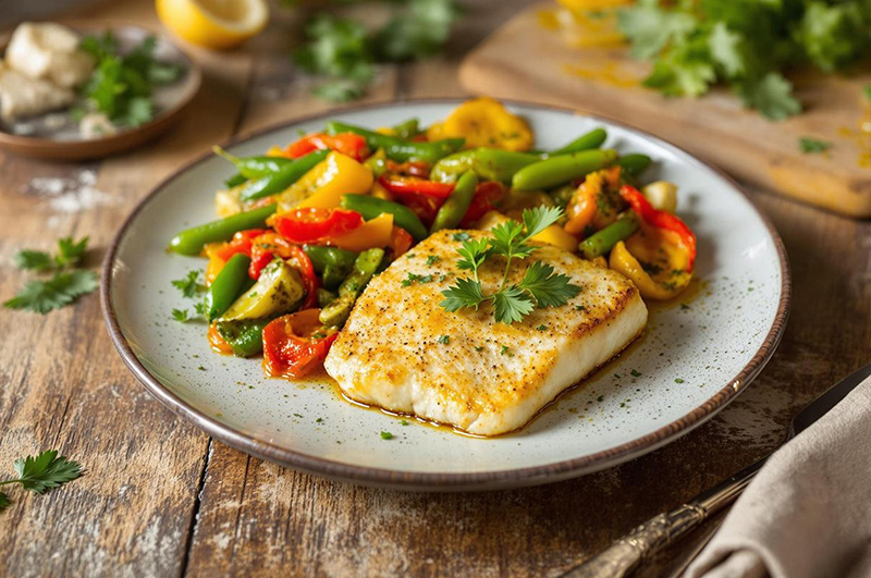 Filet d’églefin au curcuma, poêlée de légumes du soleil