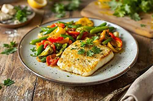 Filet d’églefin au curcuma, poêlée de légumes du soleil