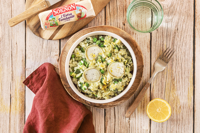 Risotto aux petits pois et courgette, Bûche SOIGNON