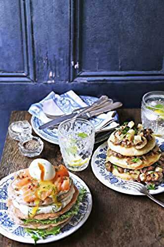 Pancakes au saumon et crème d’aneth et aux champignons-châtaignes et Comté