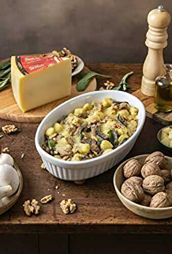 Gnocchi au four avec Fromage Stelvio AOP, sauge croquante, noix et champignons