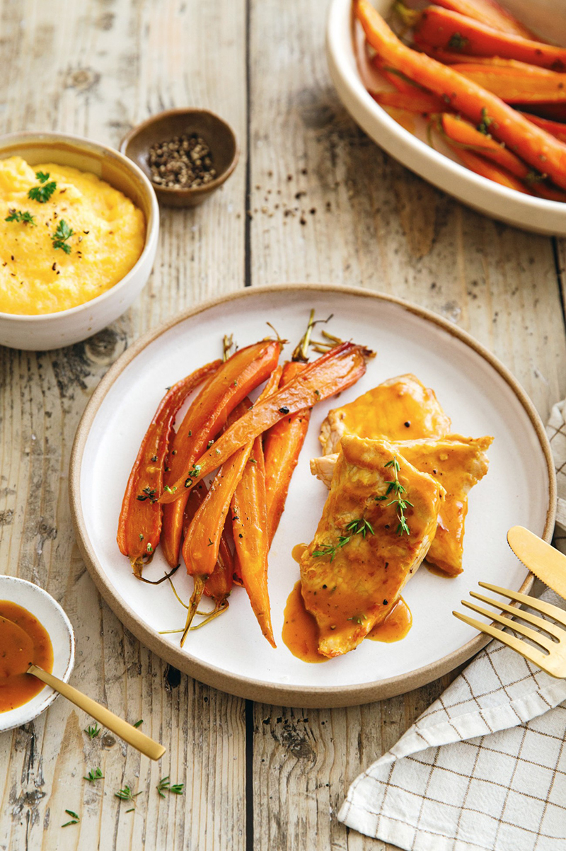 Noix de veau à l’orange, polenta et carottes confites