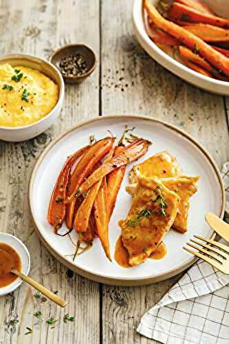 Noix de veau à l’orange, polenta et carottes confites