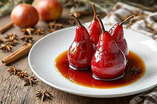 Poires pochées au vin rouge et aux épices