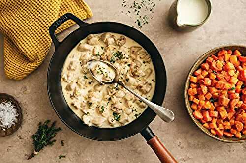 Émincés de lapin à la crème, poêlée de butternut et carottes