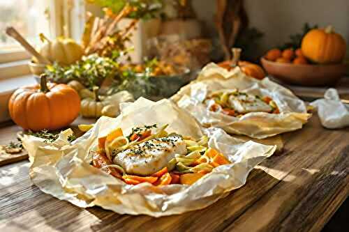 Papillotes de cabillaud aux légumes d’automne et miel de thym