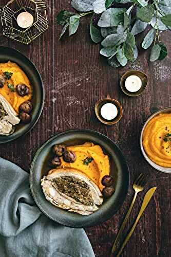 Poitrine de veau farcie aux marrons, purée de potimarron