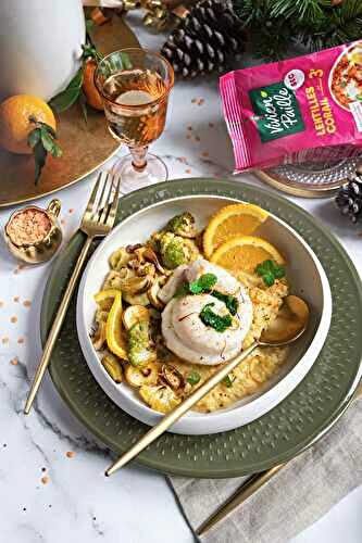 Tournedos de poisson blanc, lentilles corail crémeuses safran et agrumes