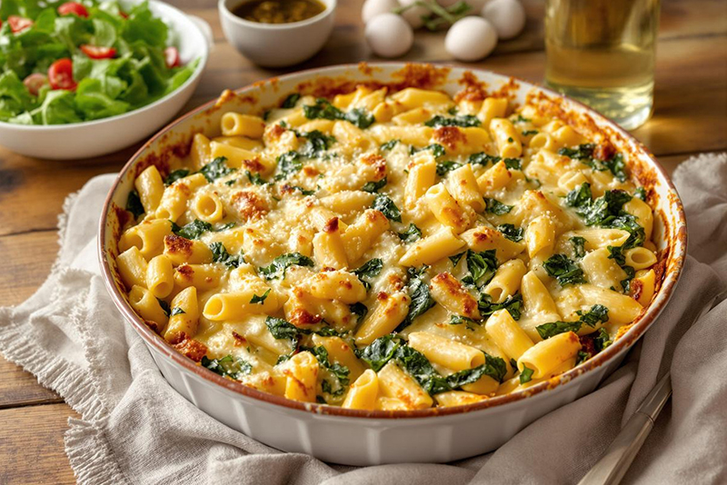 Gratin de rigatoni ricotta-épinards au fromage doré