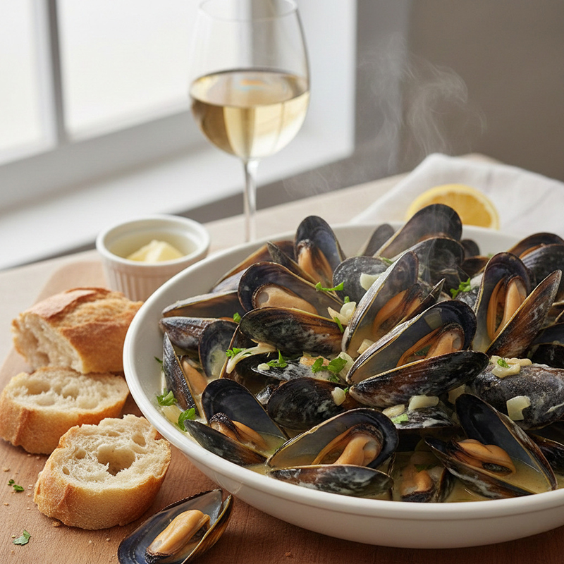 Moules marinières crémeuses au vin blanc & persil frais