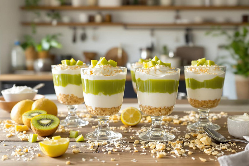 Mousse à la noix coco et son coulis de kiwi acidulé