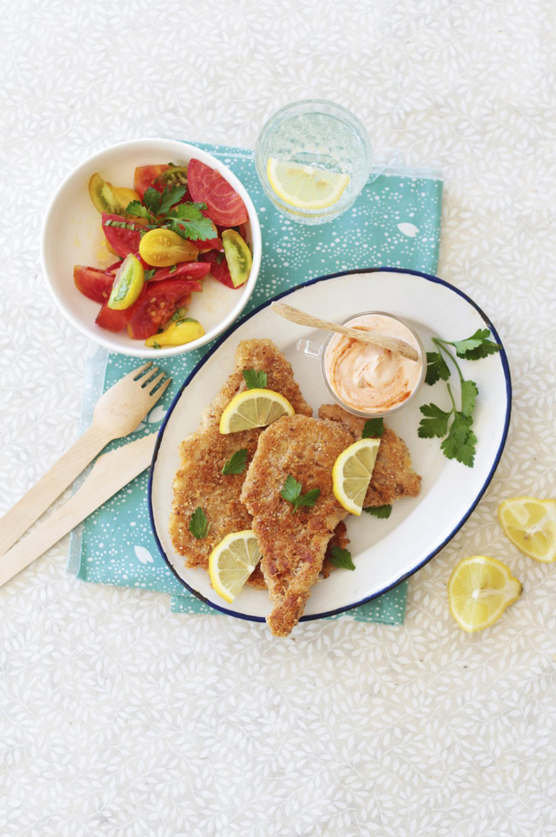 Raie douce panée au parmesan, mayonnaise à la harissa