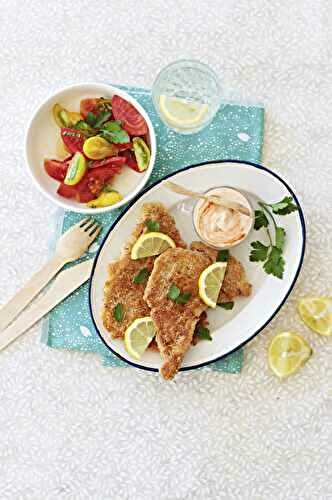 Raie douce panée au parmesan, mayonnaise à la harissa