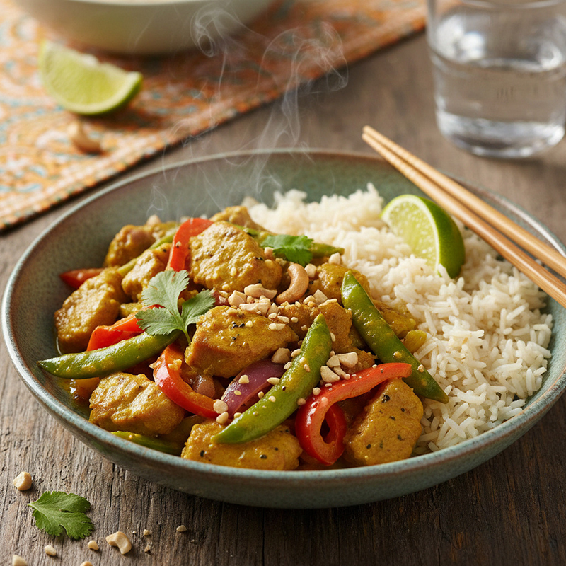 Sauté de porc fondant au curry doux, légumes croquants & riz parfumé