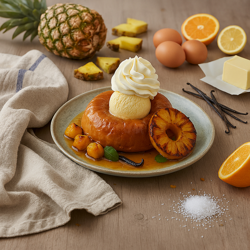 Baba exotique au rhum, ananas rôti et glace vanille