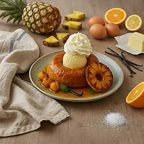 Baba exotique au rhum, ananas rôti et glace vanille