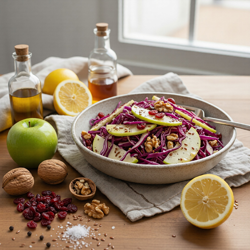 Chou rouge croquant aux pommes, noix et cranberries