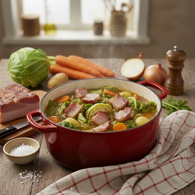 Cocotte paysanne au chou, lard fumé et légumes d’hiver