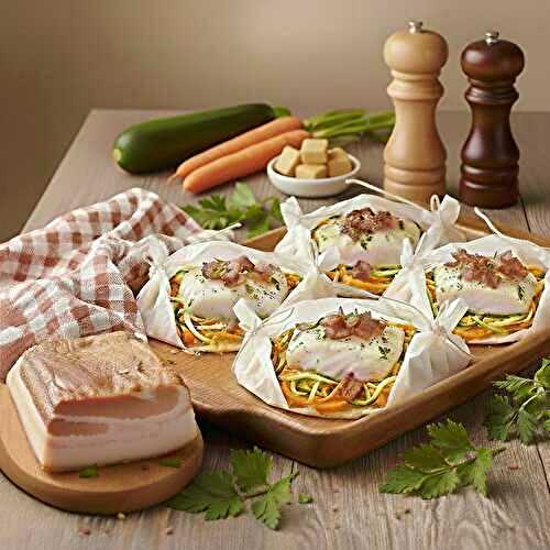 Papillotes de skrei, julienne de légumes et lardons fumés