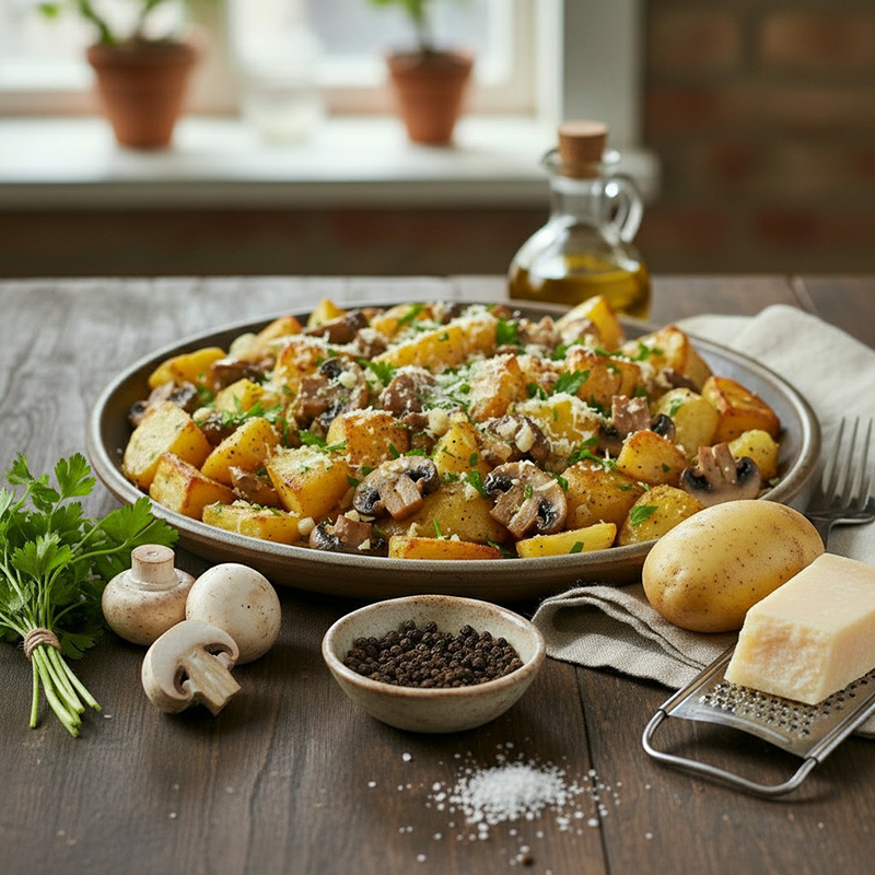 Poêlée rustique de pommes de terre, champignons à l’ail & persil